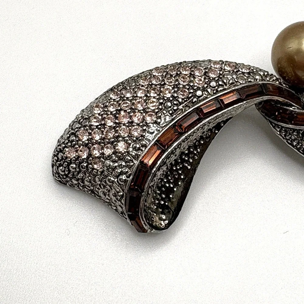 Vintage Rhinestone Brooch Faux Pearl Baguettes Champagne Pave Retro Pendant